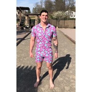 ZESTIES Male‎ Romper Retro 80's Vibe Jumpsuit Shorts Outfit Romper Men's Large